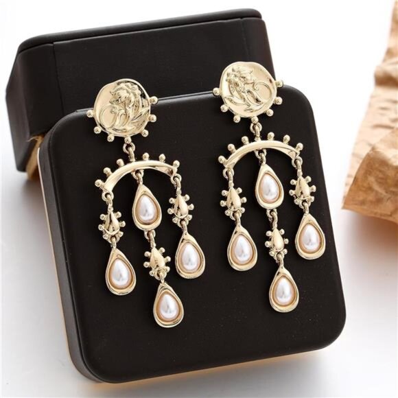 Vintage Pearl Chandelier Earrings | Gold Multi-Tier Drop Earrings - Picture 2 of 5